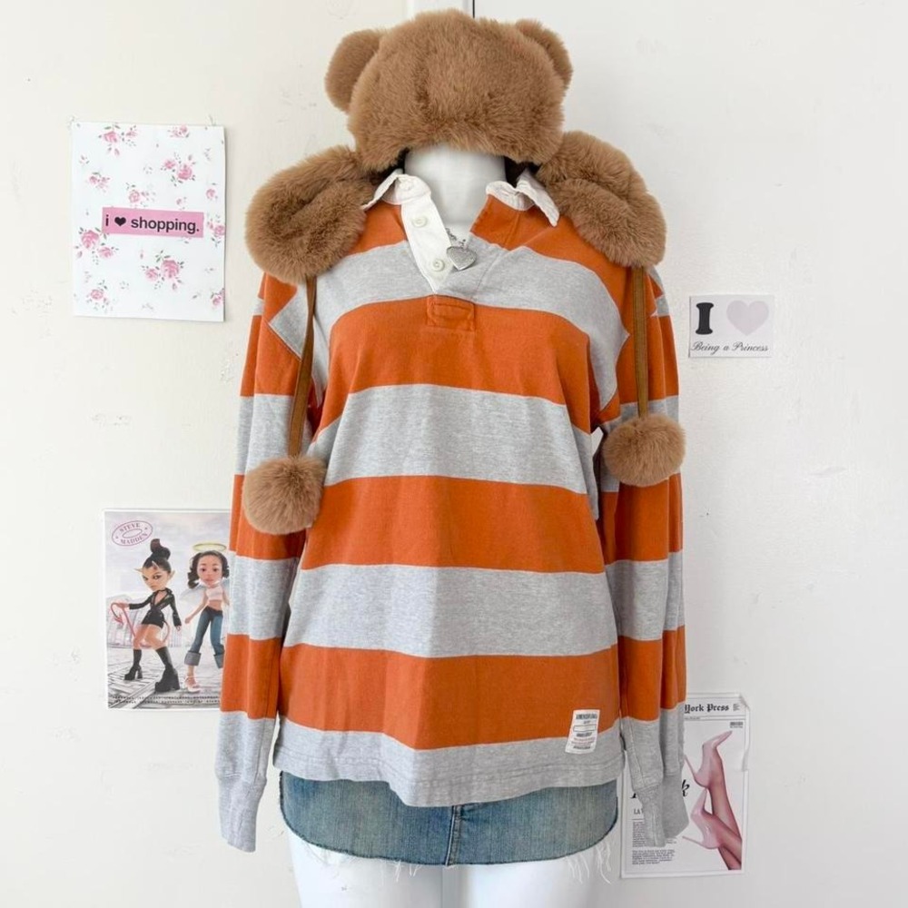 Y2K Orange Rugby Shirt — 2000s Striped Preppy ToP
